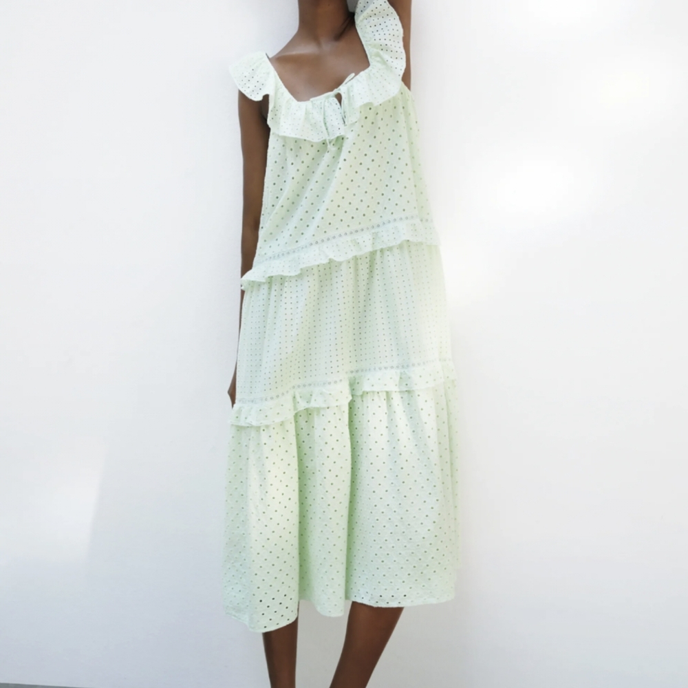 ZARA $89 EMBROIDERED EYELET MIDI DRESS MINT GREEN S NWT